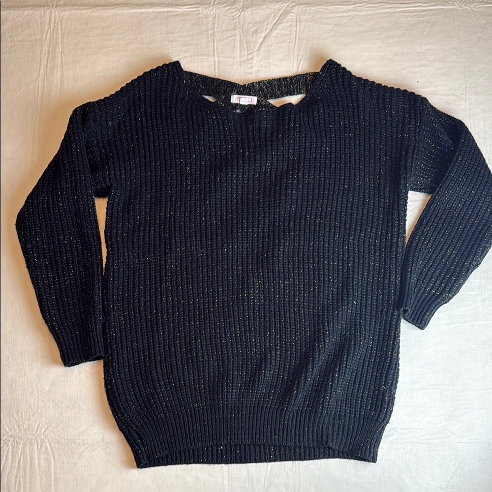A'GACI Women's Black Gold Flecks Long Sleeve Criss Cross Back Sweater Size L